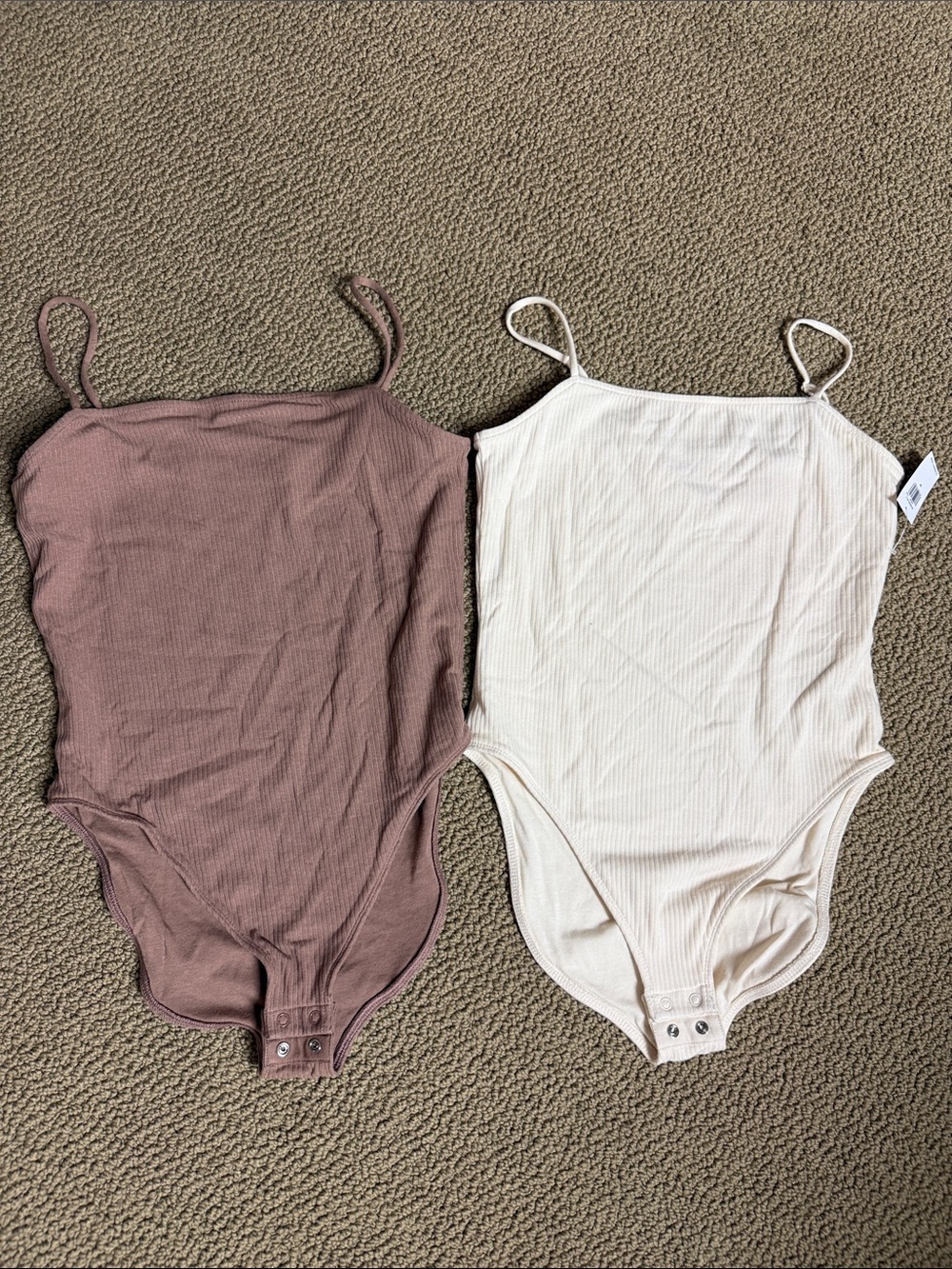 Old Navy women’s Ribbed Spaghetti-Strap Bodysuits in brown and Cream